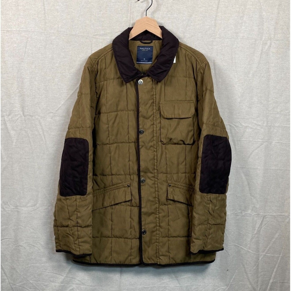 Nautica Mens Quilted Equestrian Coat Size XL Suede Elbow Patches Jacket Preppy